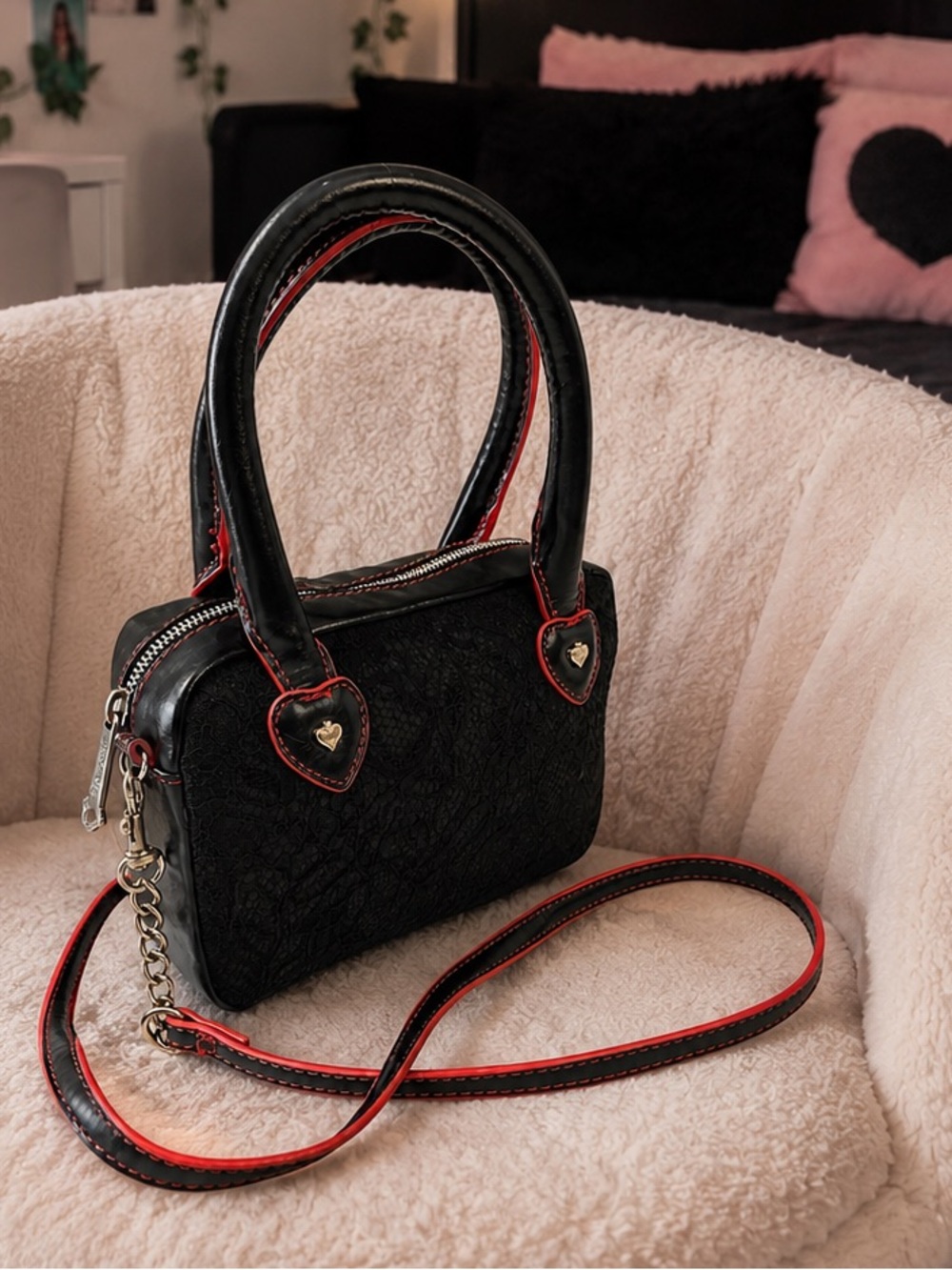 Princess Vera Wang Black Lace and Faux Leather with Pink Trim & Crossbody Strap